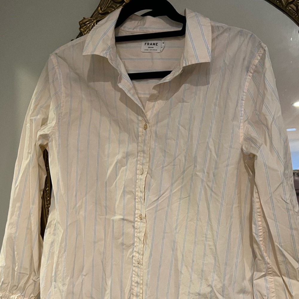 Frame denim light pink multi stripe cotton long sleeve button down blouse M
